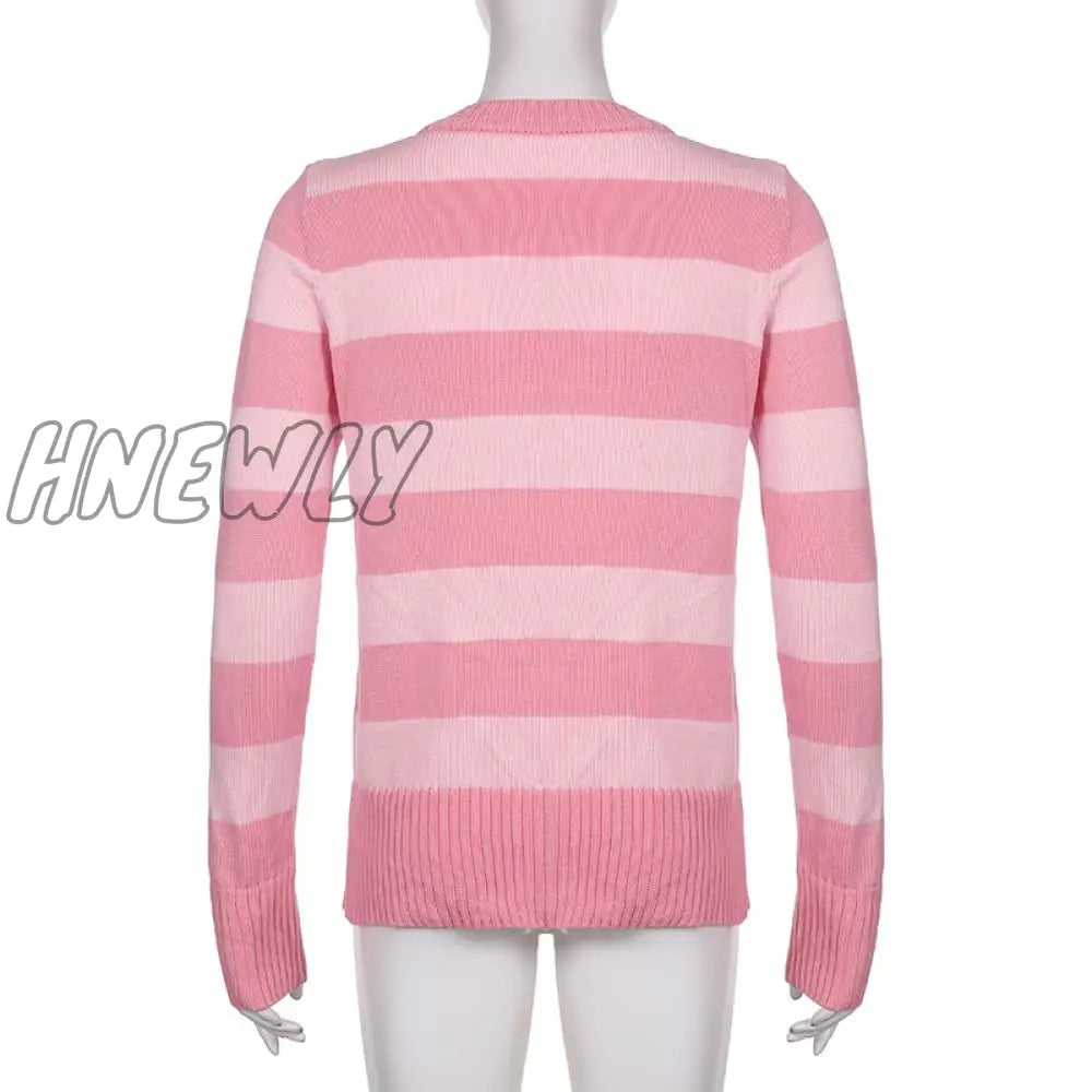 Hnewly Grunge Y2K Fairycore Sweater Women Pink Striped Button Down Long Sleeve Cardigan Tops 2000S