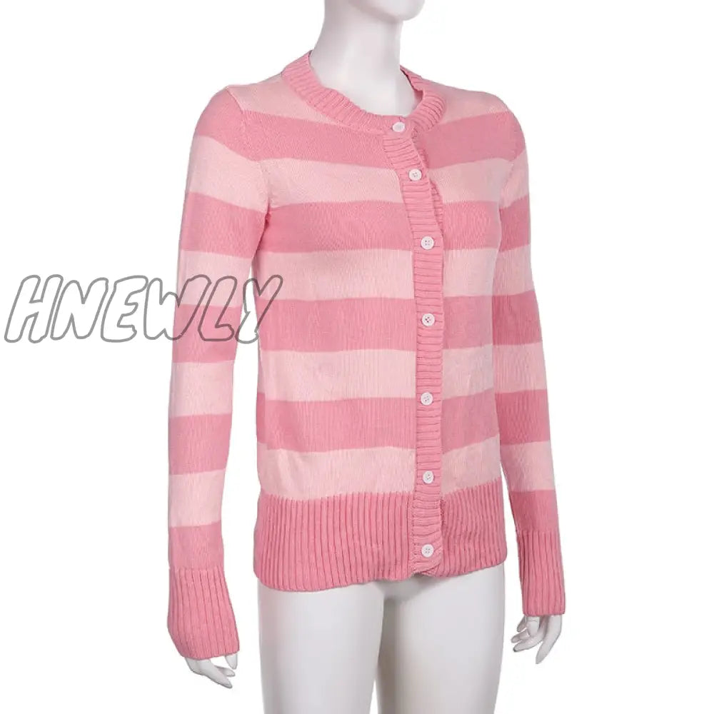 Hnewly Grunge Y2K Fairycore Sweater Women Pink Striped Button Down Long Sleeve Cardigan Tops 2000S