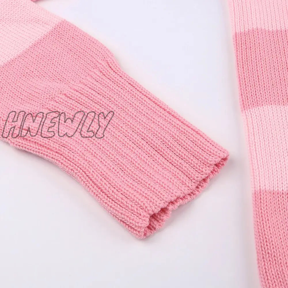 Hnewly Grunge Y2K Fairycore Sweater Women Pink Striped Button Down Long Sleeve Cardigan Tops 2000S