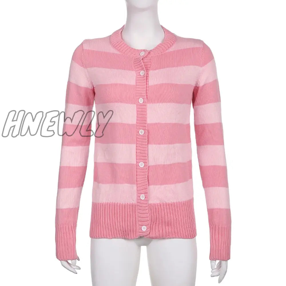 Hnewly Grunge Y2K Fairycore Sweater Women Pink Striped Button Down Long Sleeve Cardigan Tops 2000S