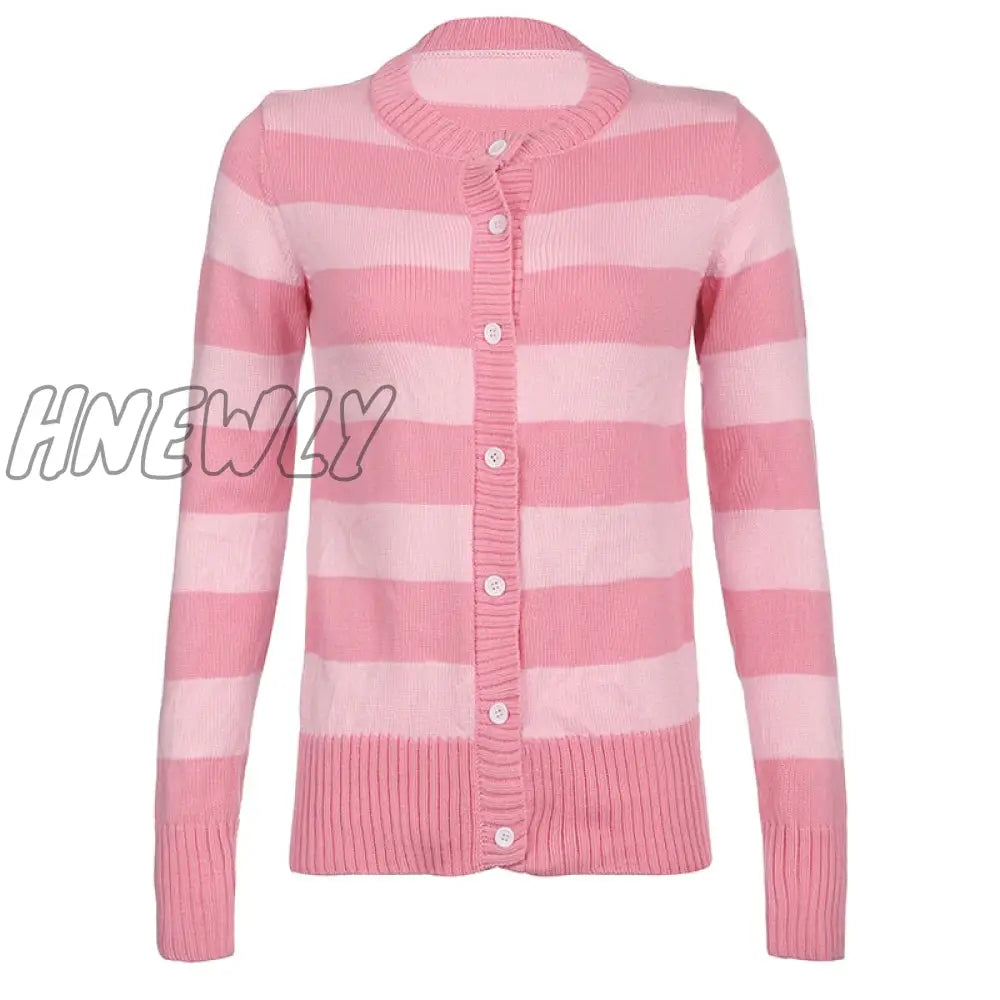 Hnewly Grunge Y2K Fairycore Sweater Women Pink Striped Button Down Long Sleeve Cardigan Tops 2000S