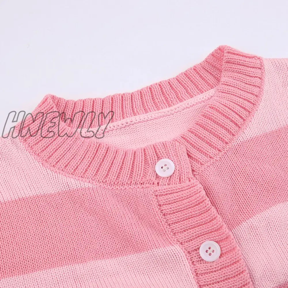 Hnewly Grunge Y2K Fairycore Sweater Women Pink Striped Button Down Long Sleeve Cardigan Tops 2000S