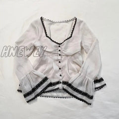Hnewly Grunge Y2K Retro Crop Tops Lace Trim Mesh See-Through T Shirt Chic Women Button Up Low-Cut
