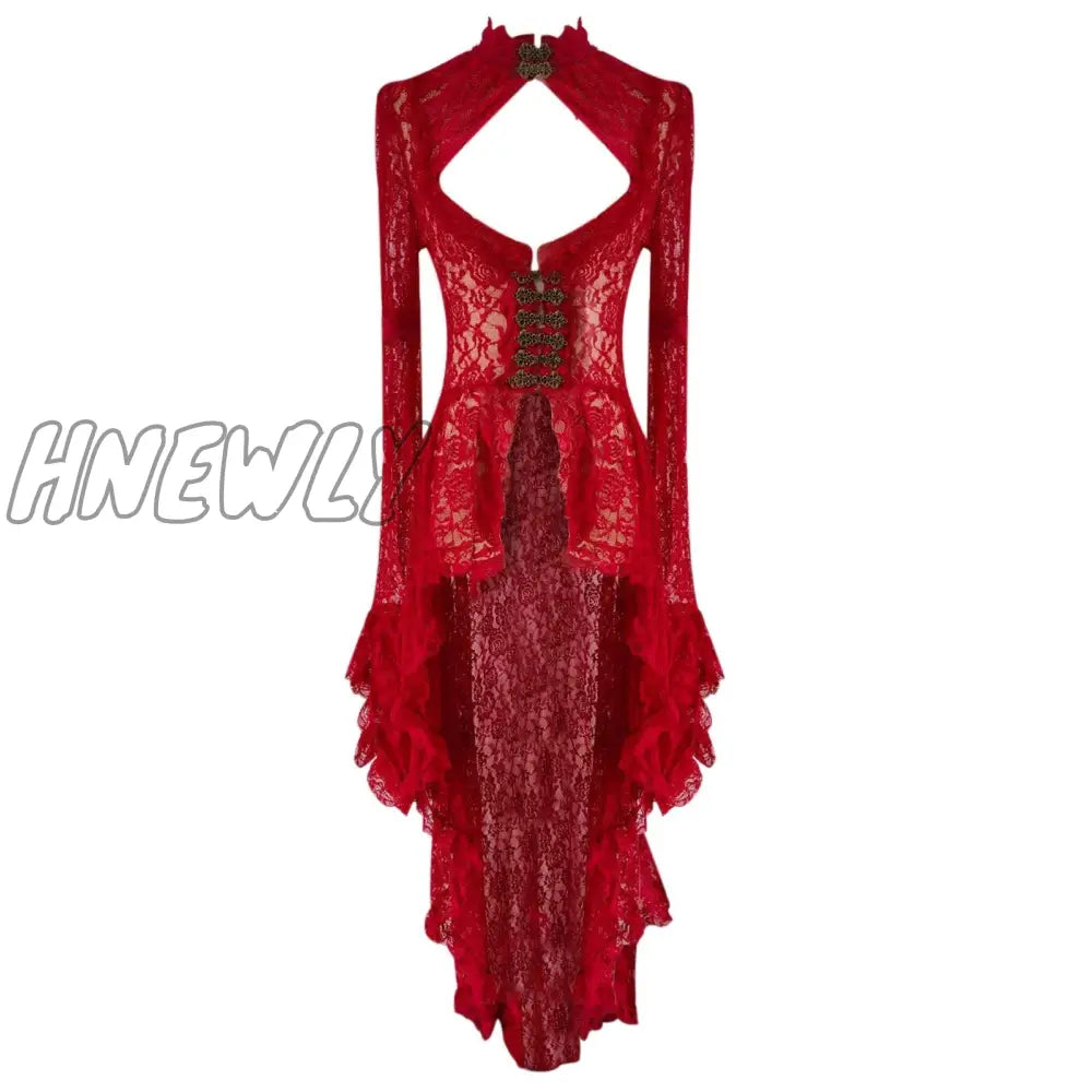 Hnewly Halloween Cosplay Costumes Vintage Dress Women Medieval Gothic Lace Bandage Black Fancy Maxi