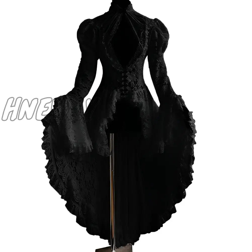 Hnewly Halloween Cosplay Costumes Vintage Dress Women Medieval Gothic Lace Bandage Black Fancy Maxi