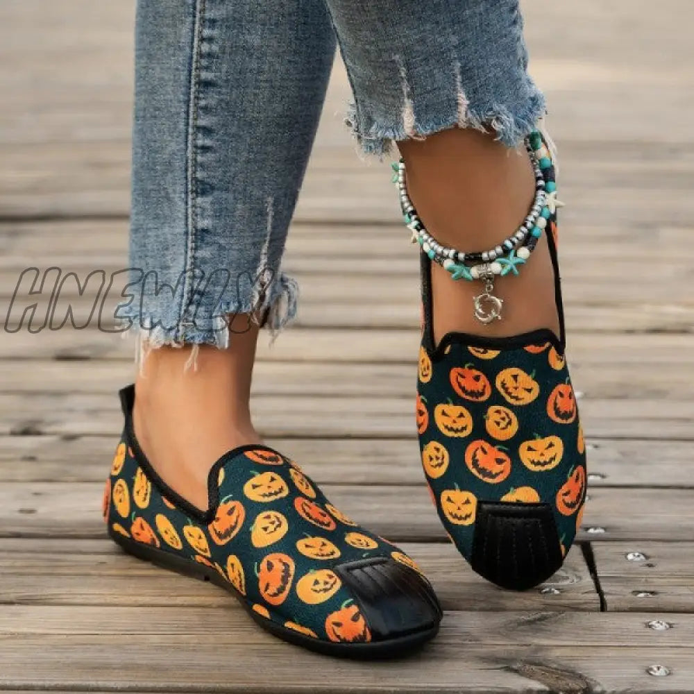 Hnewly - Halloween Cream White Casual Patchwork Printing Round Comfortable Flats Shoes Shoes