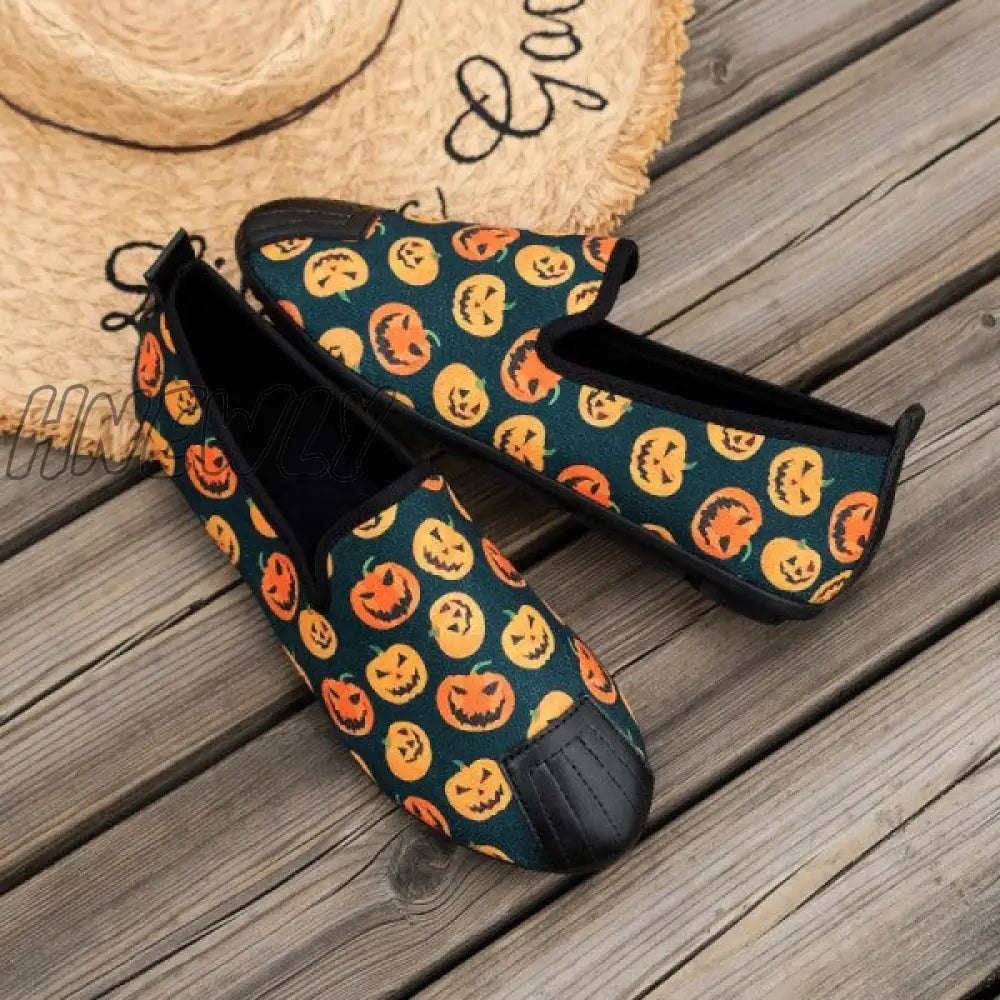 Hnewly - Halloween Cream White Casual Patchwork Printing Round Comfortable Flats Shoes Shoes