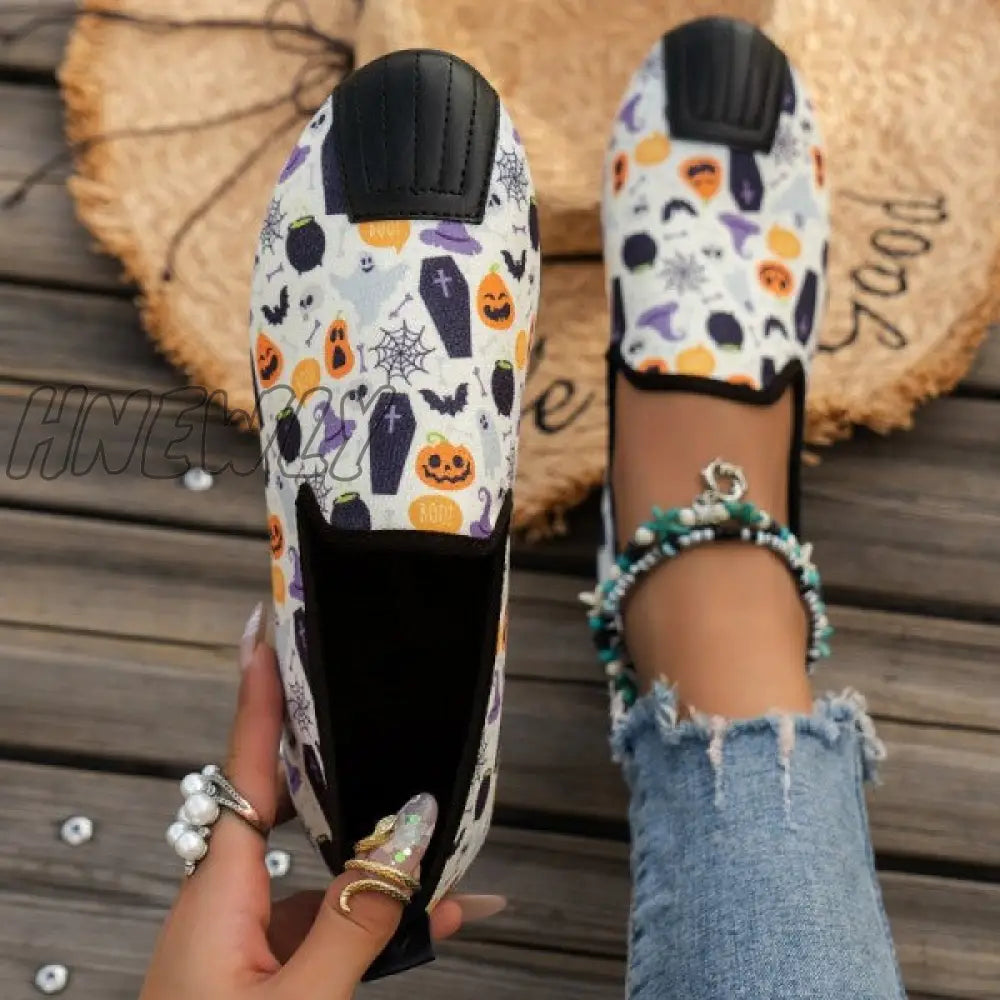 Hnewly - Halloween Cream White Casual Patchwork Printing Round Comfortable Flats Shoes Shoes
