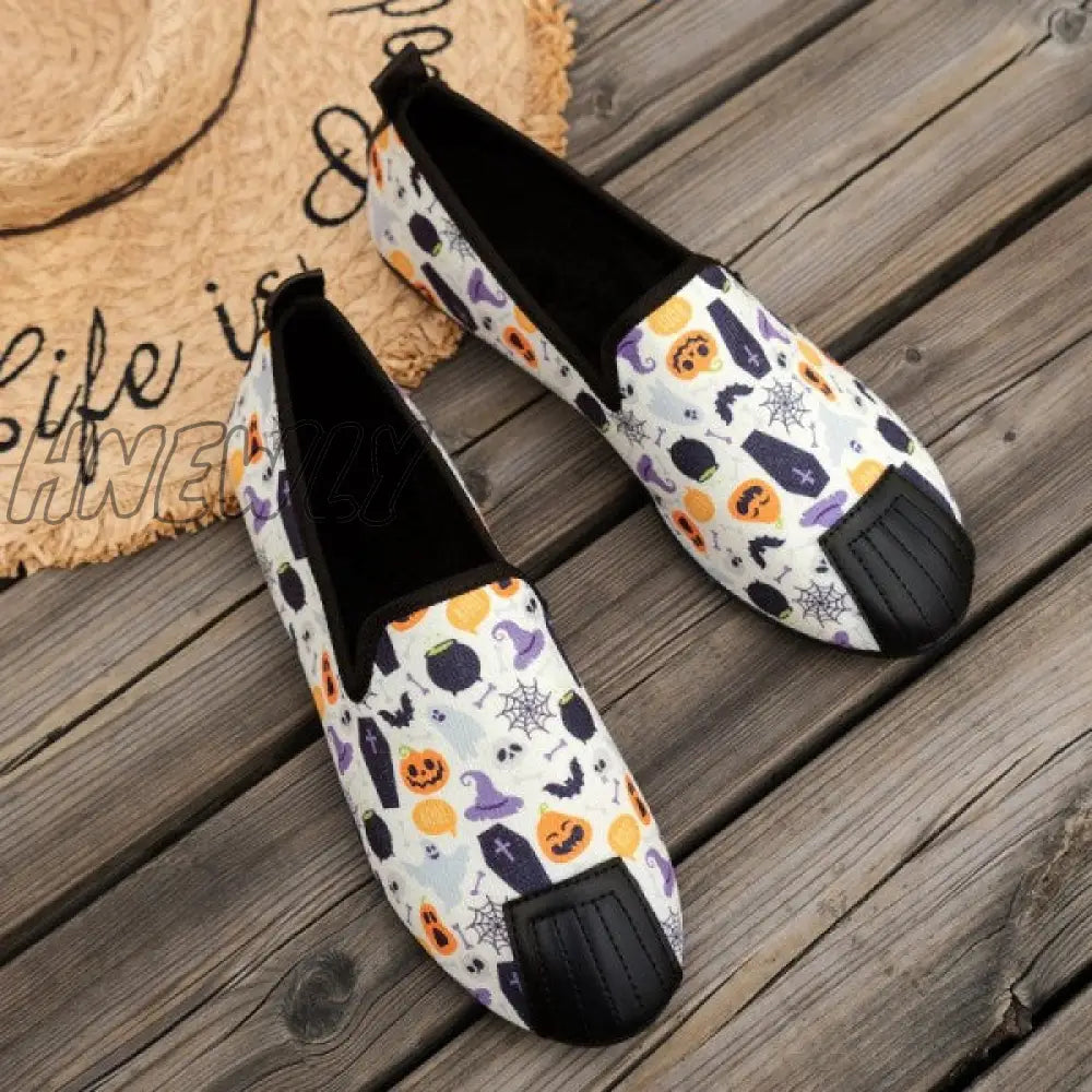 Hnewly - Halloween Cream White Casual Patchwork Printing Round Comfortable Flats Shoes Shoes