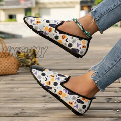 Hnewly - Halloween Cream White Casual Patchwork Printing Round Comfortable Flats Shoes Shoes