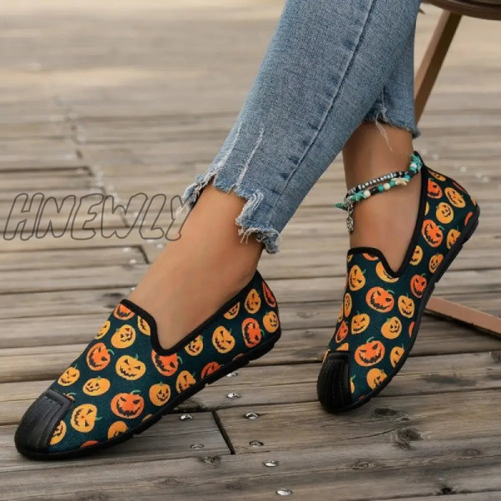 Hnewly - Halloween Cream White Casual Patchwork Printing Round Comfortable Flats Shoes Shoes