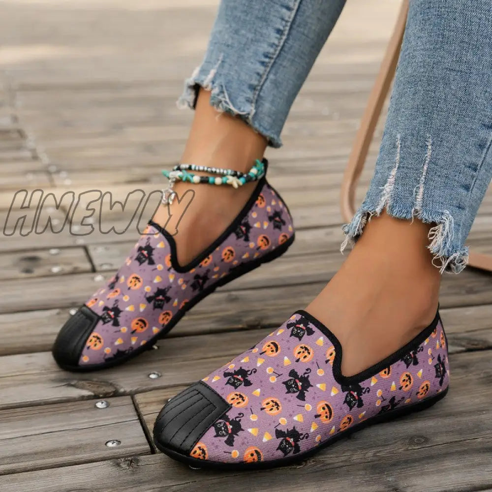 Hnewly - Halloween Cream White Casual Patchwork Printing Round Comfortable Flats Shoes Purple /