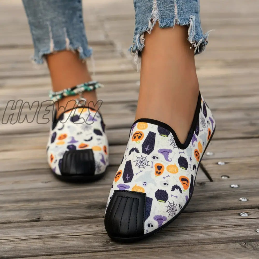 Hnewly - Halloween Cream White Casual Patchwork Printing Round Comfortable Flats Shoes / Us6Eu36