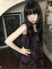 Hnewly Harajuku Goth Red Mini Plaid Dress Women Y2K Gothic Mall Cyber Punk Halloween Dresses