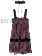 Hnewly Harajuku Goth Red Mini Plaid Dress Women Y2K Gothic Mall Cyber Punk Halloween Dresses