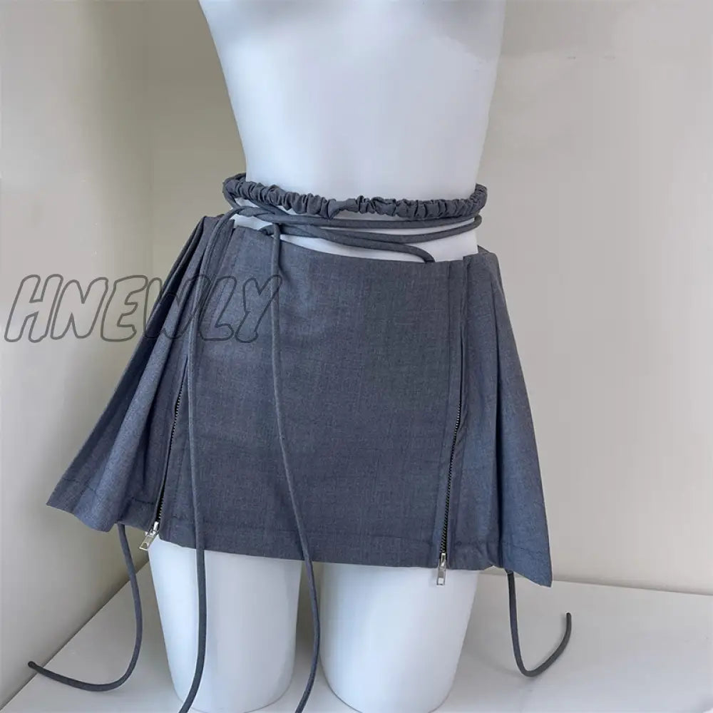 Hnewly Harajuku Pleated Skirt Women Summer Chic Fashion Lace-Up Double Zipper Design Preppy Style