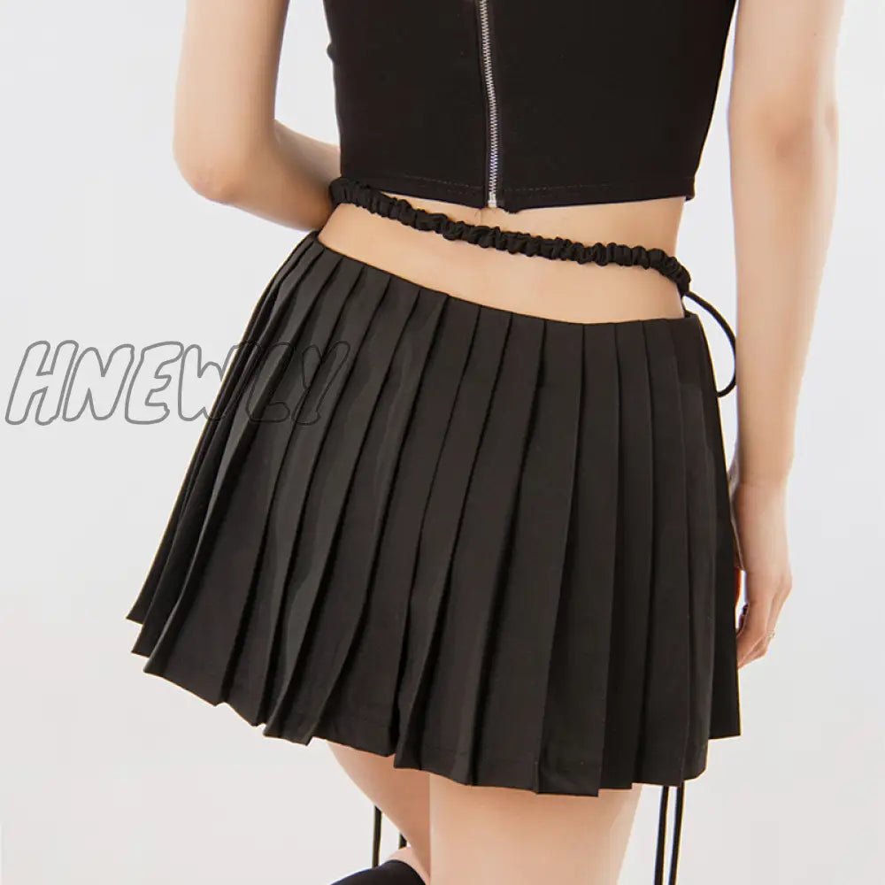 Hnewly Harajuku Pleated Skirt Women Summer Chic Fashion Lace-Up Double Zipper Design Preppy Style