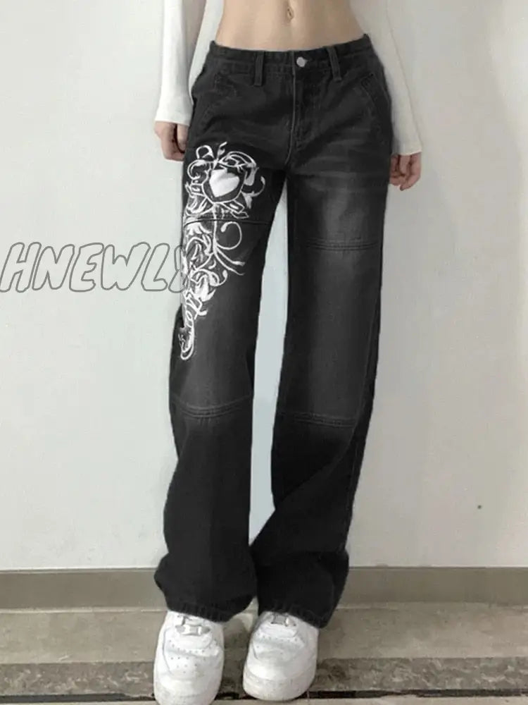 Hnewly Harajuku Printed Cargo Jeans Y2K Dark Blue Brown High Waist Streetwear 90S Baggy Trousers