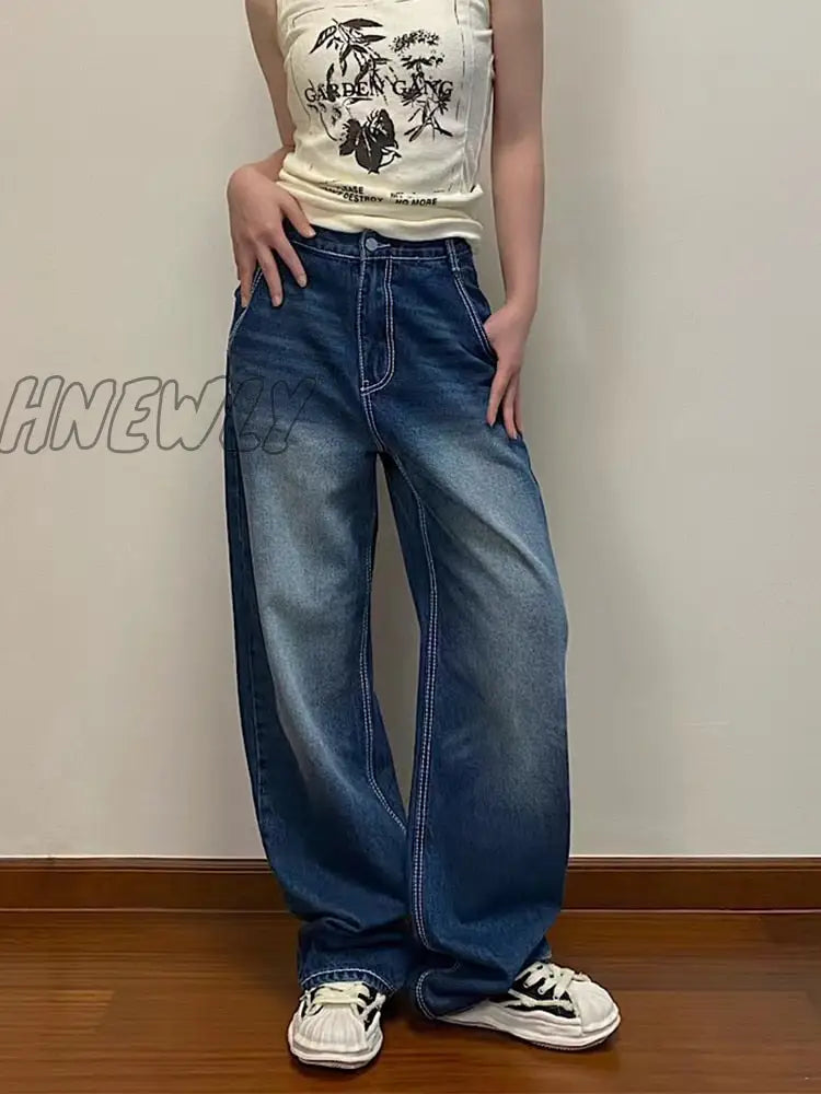 Hnewly Harajuku Printed Cargo Jeans Y2K Dark Blue Brown High Waist Streetwear 90S Baggy Trousers