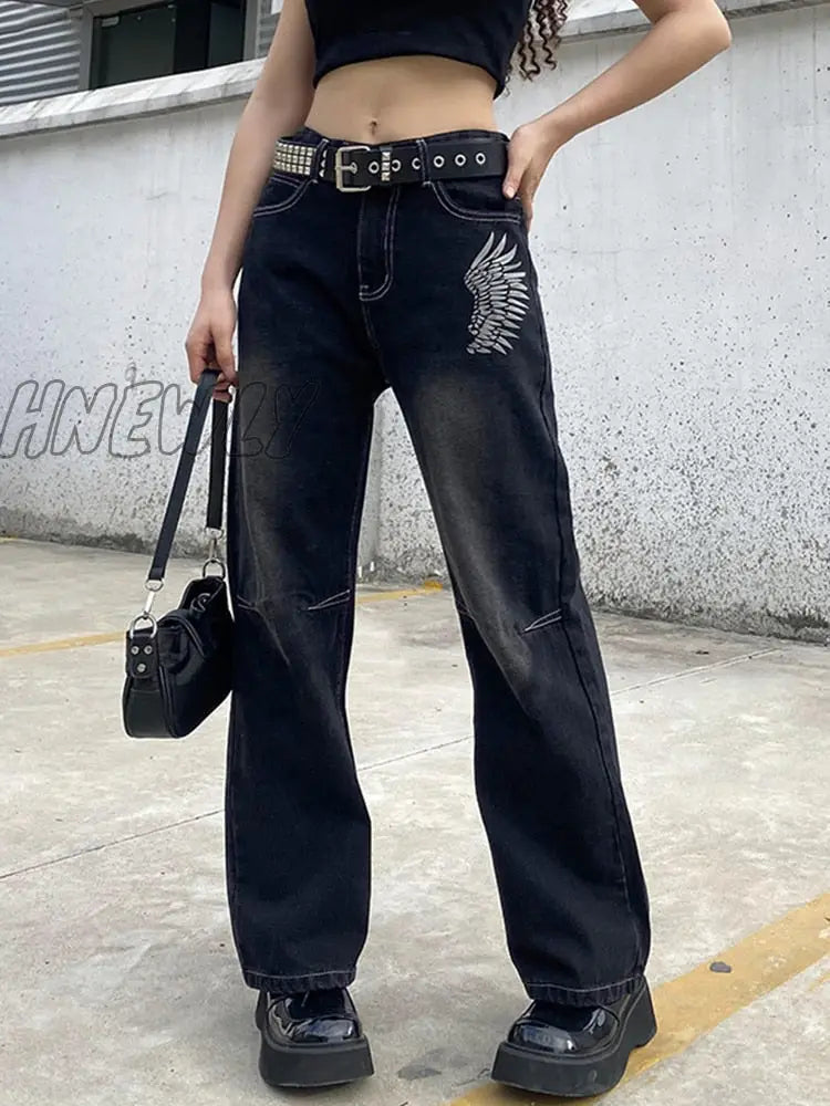 Hnewly Harajuku Printed Cargo Jeans Y2K Dark Blue Brown High Waist Streetwear 90S Baggy Trousers