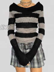 Hnewly Harajuku Striped Print Y2K Sweater Women Long Sleeve Slim V Neck Knit Jumpers Casual