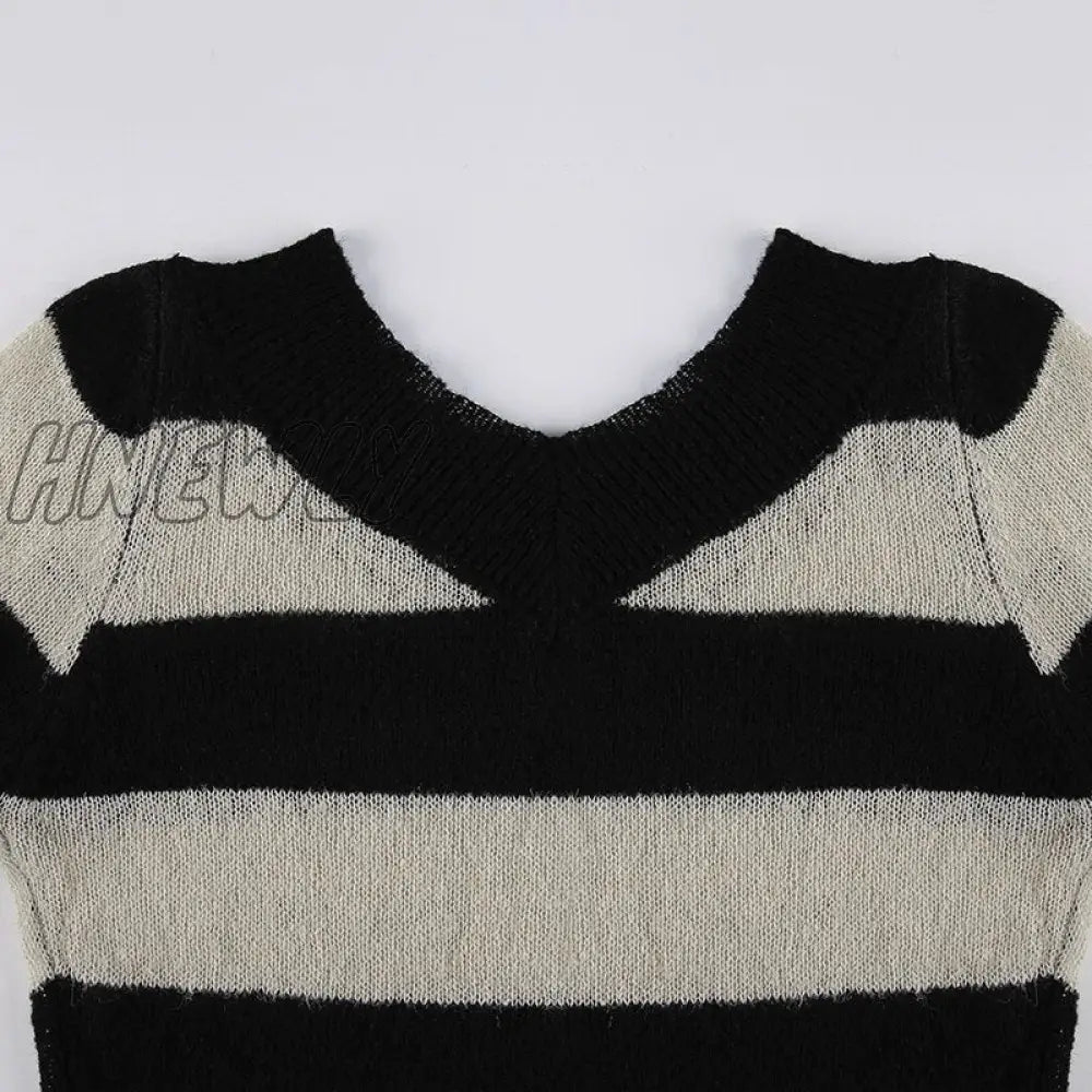 Hnewly Harajuku Striped Print Y2K Sweater Women Long Sleeve Slim V Neck Knit Jumpers Casual