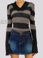 Hnewly Harajuku Striped Print Y2K Sweater Women Long Sleeve Slim V Neck Knit Jumpers Casual