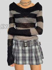 Hnewly Harajuku Striped Print Y2K Sweater Women Long Sleeve Slim V Neck Knit Jumpers Casual