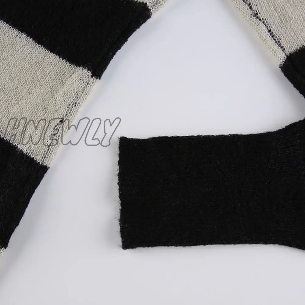 Hnewly Harajuku Striped Print Y2K Sweater Women Long Sleeve Slim V Neck Knit Jumpers Casual