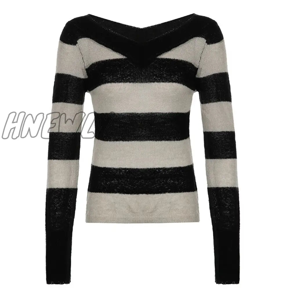 Hnewly Harajuku Striped Print Y2K Sweater Women Long Sleeve Slim V Neck Knit Jumpers Casual