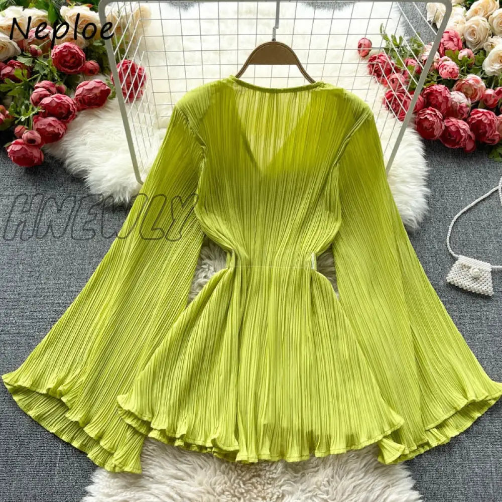 Hnewly Heavy Work Draped Design Multicolor Blouse Women V Neck Flare Long Sleeve Blusas Spring New