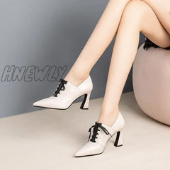 Hnewly High Heels Hoof Pumps Women Lace Up Cow Leather Shoes Female Fashion Pointed Toe Ol Autumn