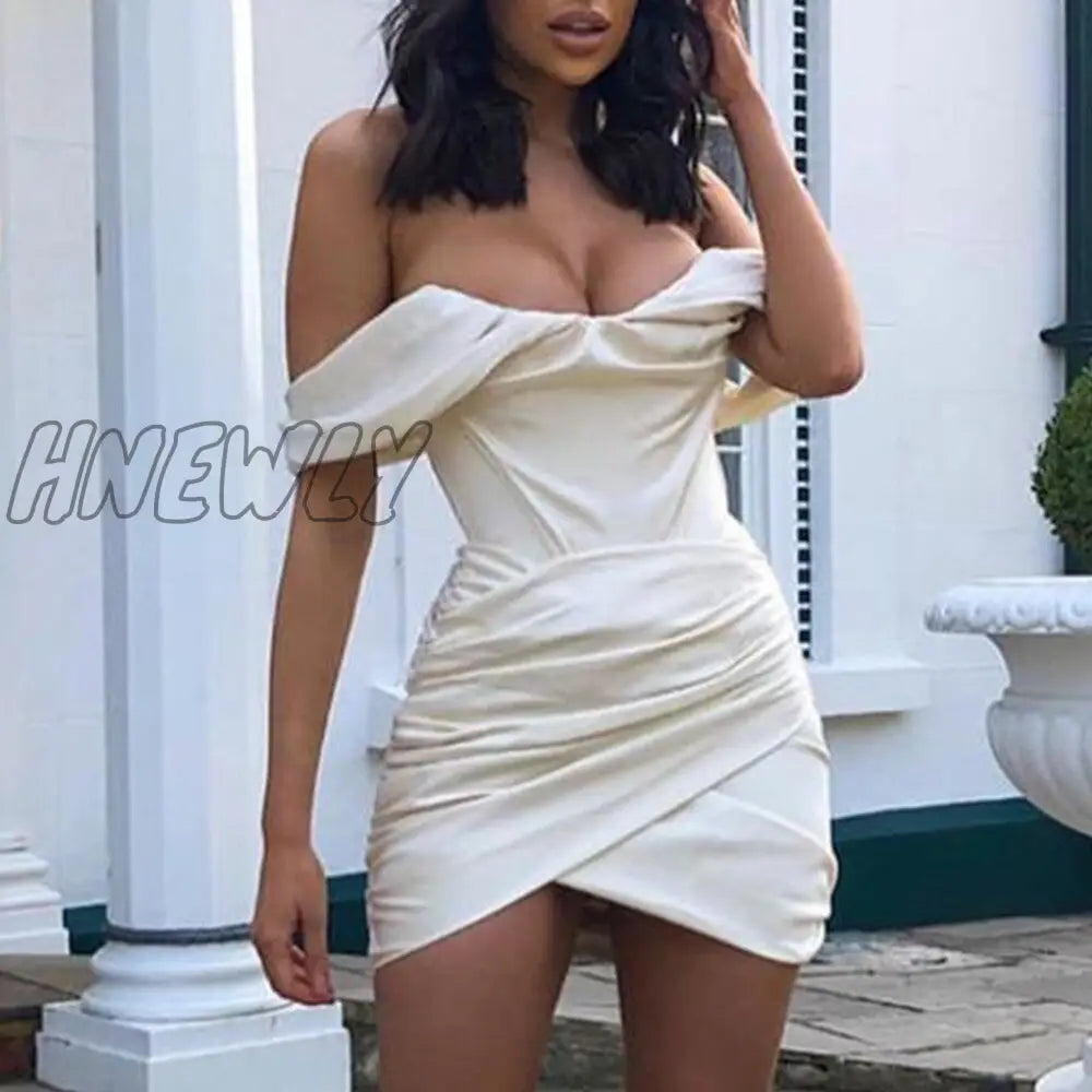 Hnewly High Quality Bodycon Satin Dress Pink Women Party Mini New Double Layer Summer Celebrity