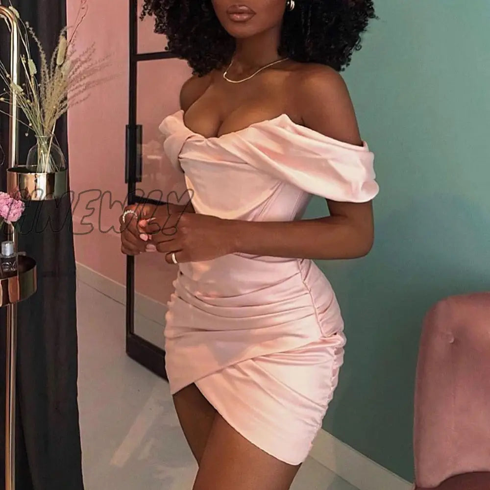 Hnewly High Quality Bodycon Satin Dress Pink Women Party Mini New Double Layer Summer Celebrity