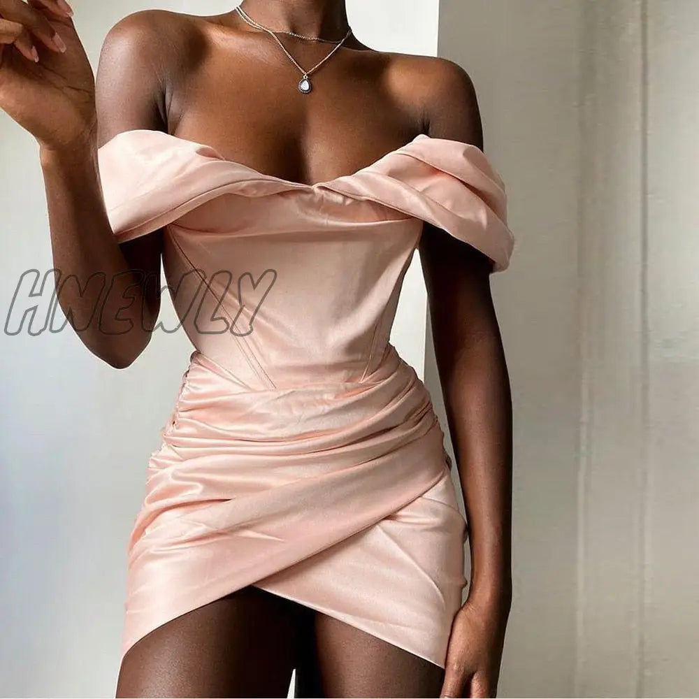 Hnewly High Quality Bodycon Satin Dress Pink Women Party Mini New Double Layer Summer Celebrity