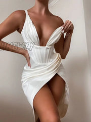 Hnewly High Quality Satin Bodycon Dress Women Party New Arrival Robe Summer Sexy Celebrity Evening