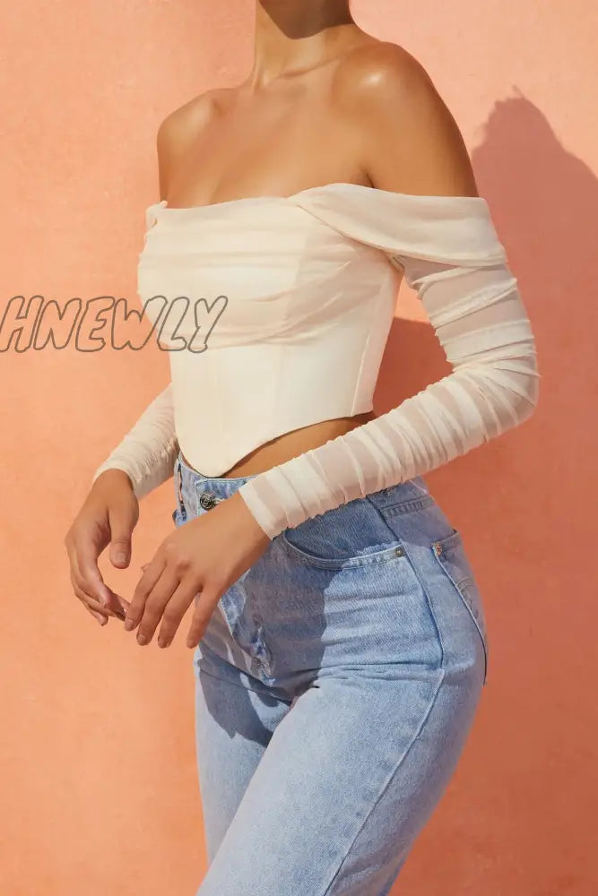 Hnewly High Quality Summer Corset Top Women Y2K Tops Blue Boycon Crop Off The Shoulder Sexy Mesh