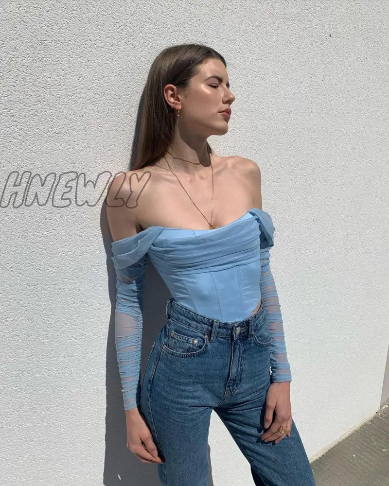 Hnewly High Quality Summer Corset Top Women Y2K Tops Blue Boycon Crop Off The Shoulder Sexy Mesh