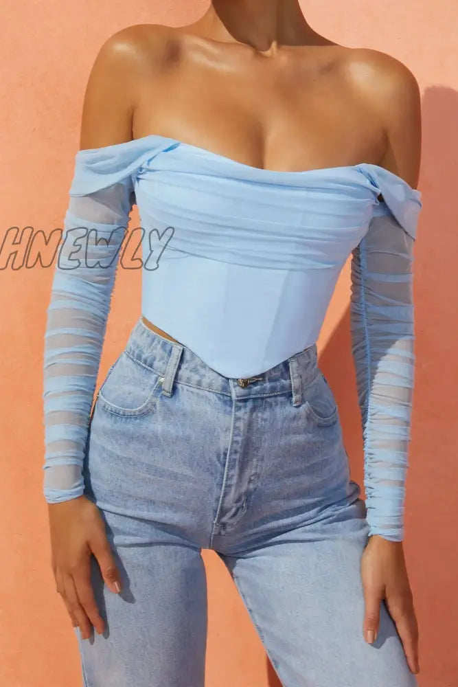 Hnewly High Quality Summer Corset Top Women Y2K Tops Blue Boycon Crop Off The Shoulder Sexy Mesh