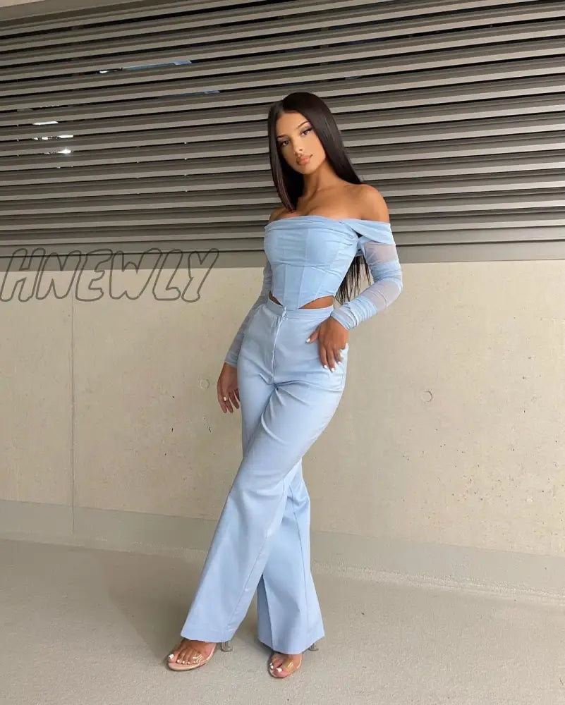 Hnewly High Quality Summer Corset Top Women Y2K Tops Blue Boycon Crop Off The Shoulder Sexy Mesh