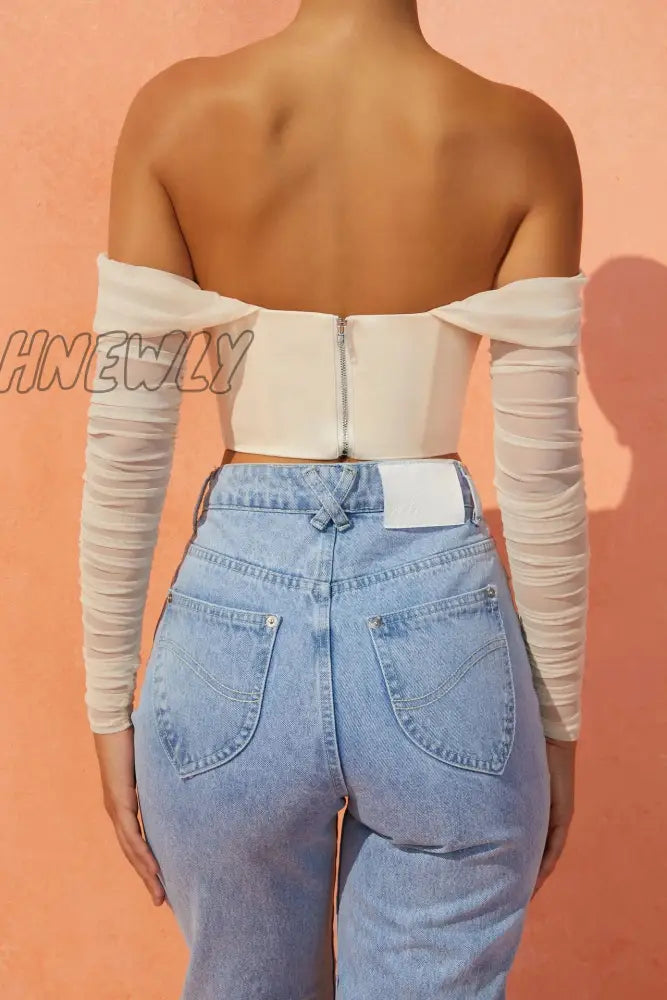 Hnewly High Quality Summer Corset Top Women Y2K Tops Blue Boycon Crop Off The Shoulder Sexy Mesh