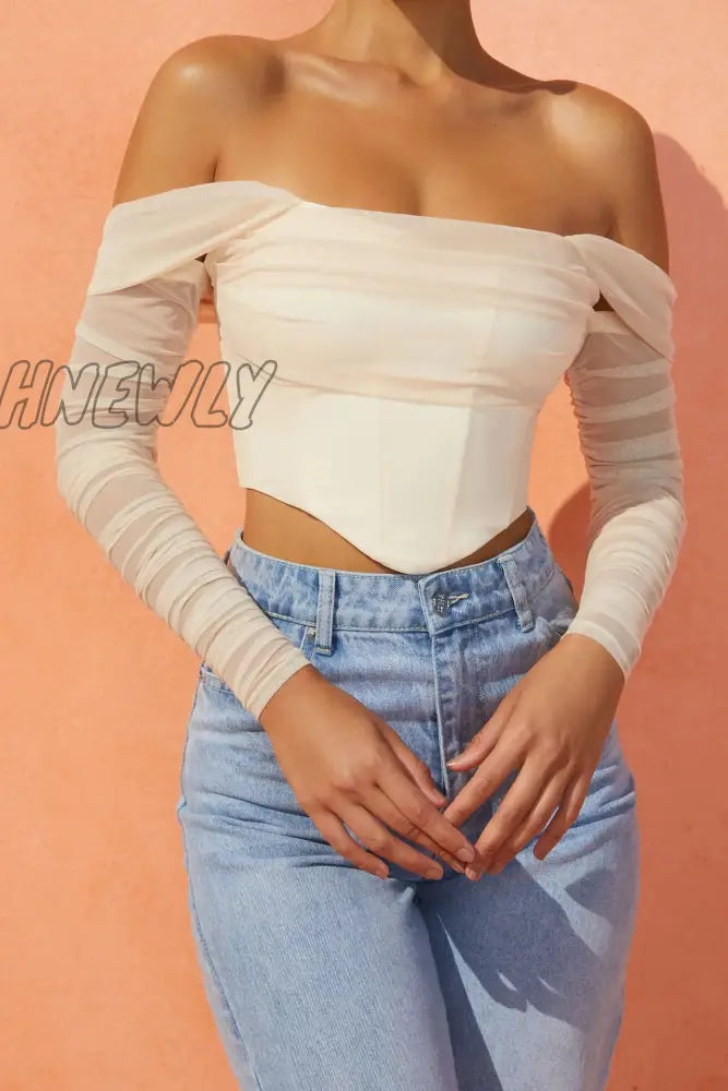 Hnewly High Quality Summer Corset Top Women Y2K Tops Blue Boycon Crop Off The Shoulder Sexy Mesh