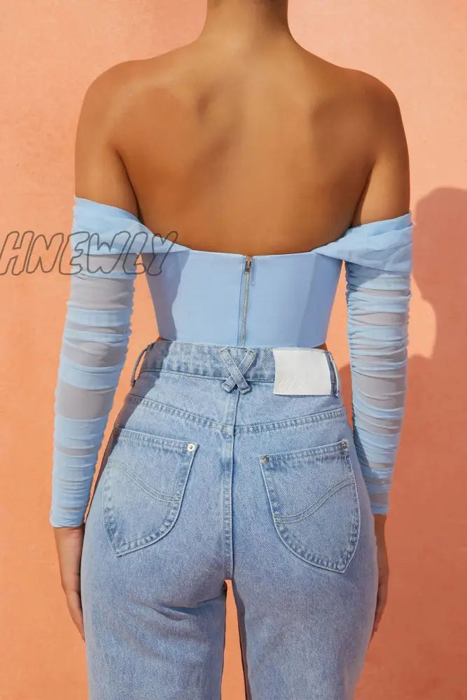 Hnewly High Quality Summer Corset Top Women Y2K Tops Blue Boycon Crop Off The Shoulder Sexy Mesh