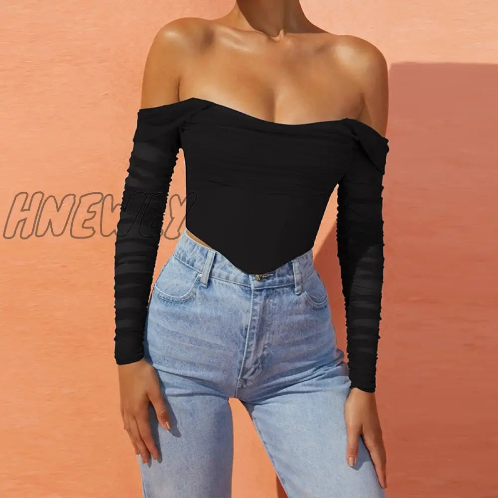 Hnewly High Quality Summer Corset Top Women Y2K Tops Blue Boycon Crop Off The Shoulder Sexy Mesh