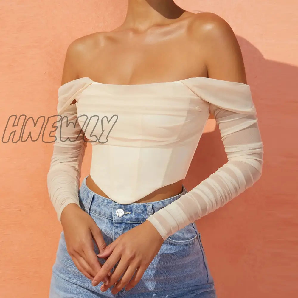 Hnewly High Quality Summer Corset Top Women Y2K Tops Blue Boycon Crop Off The Shoulder Sexy Mesh