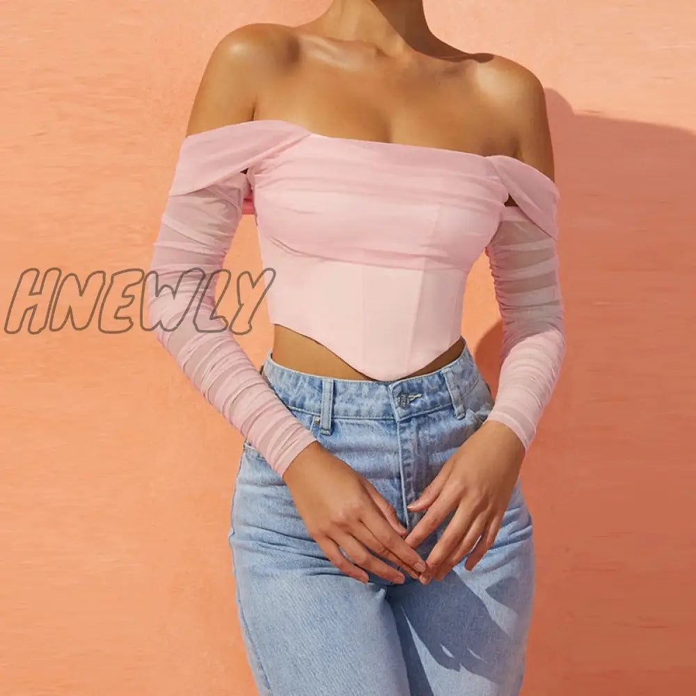 Hnewly High Quality Summer Corset Top Women Y2K Tops Blue Boycon Crop Off The Shoulder Sexy Mesh