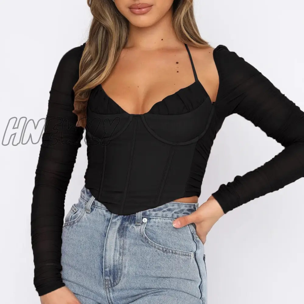 Hnewly High Quality Summer Corset Top Women Y2K Tops Blue Boycon Crop Off The Shoulder Sexy Mesh