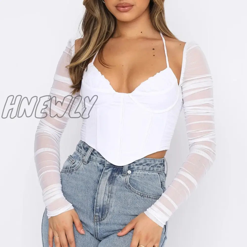 Hnewly High Quality Summer Corset Top Women Y2K Tops Blue Boycon Crop Off The Shoulder Sexy Mesh