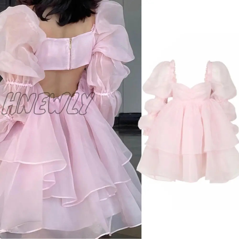 Hnewly High Quality Women Lolita Pink Princess Dresses Sexy Square Neck Long Sleeve Organza Dress