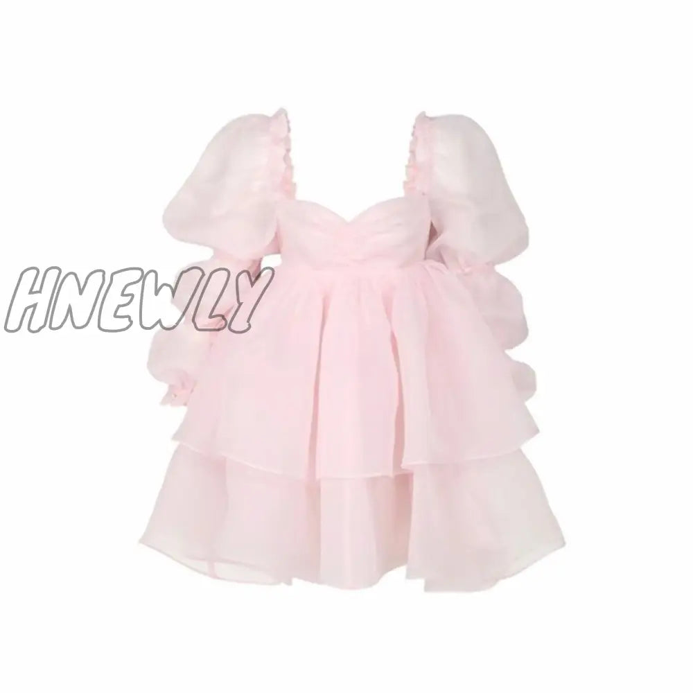 Hnewly High Quality Women Lolita Pink Princess Dresses Sexy Square Neck Long Sleeve Organza Dress